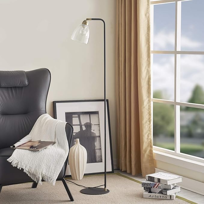 Black Floor Lamp, Contemporary Standing Lamp with Hanging Bubble Glass Lamp Shade, Industrial Light for Living Room Bedroom Farmhouse - LeafyLoom