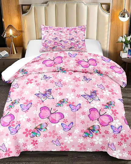 Kids Butterfly Comforter Set - Butterfly Twin Bedding Set Pink Butterflies Prints Bedding Set for Girls Room Cute Princess Bedding Sets for All Season Butterfly Bed Set, 1 Comforter + 1 Pillowcase - LeafyLoom