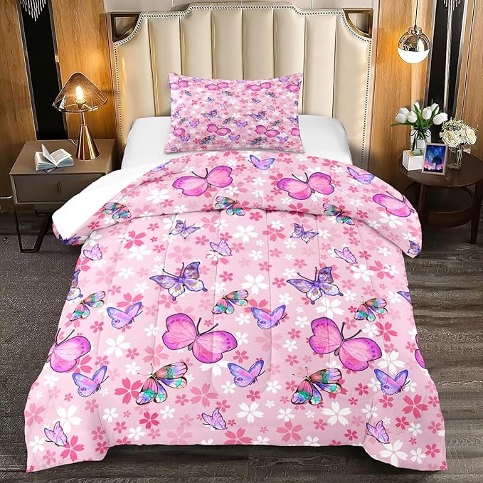 Kids Butterfly Comforter Set - Butterfly Twin Bedding Set Pink Butterflies Prints Bedding Set for Girls Room Cute Princess Bedding Sets for All Season Butterfly Bed Set, 1 Comforter + 1 Pillowcase - LeafyLoom