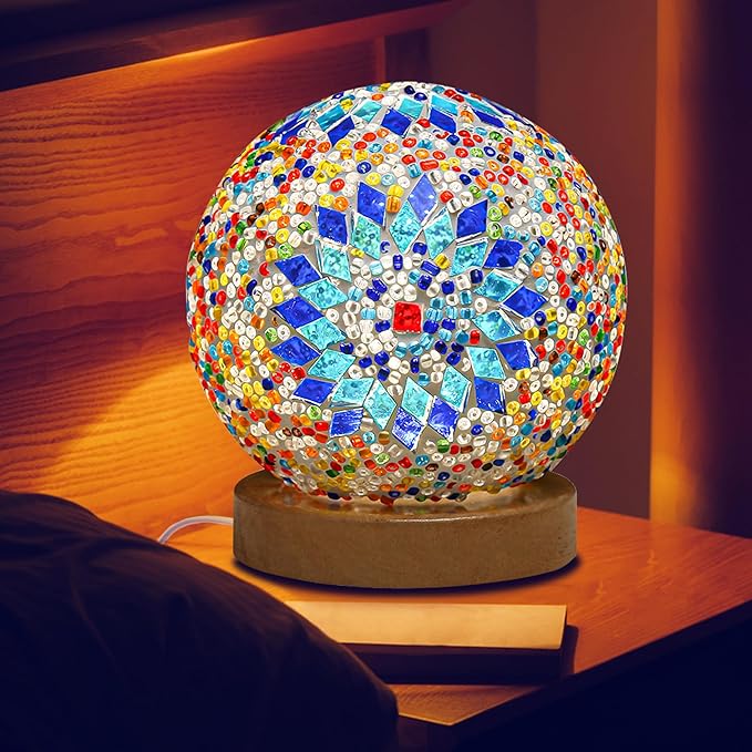 Turkish Table lamp,Bedside Lamps with Wooden Base,Bohemian Tiffany Style Bedroom Lamps,Mosaic Glass Retro Home Decor,Moroccan Lantern for Living Room,Office,Halloween Decorations(Blue) - LeafyLoom
