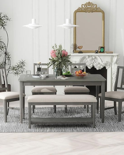 60 Inch Dining Table Set for 6, Minimalist Dining Table and 4 Upholstered Chairs & 1 Bench with a Shelf, Dining Room Table Set for Kitchen, Living Room, Grey - LeafyLoom