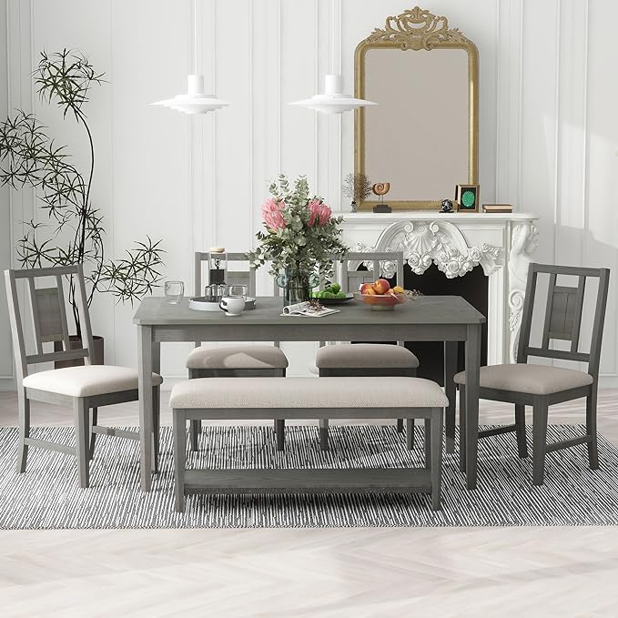 60 Inch Dining Table Set for 6, Minimalist Dining Table and 4 Upholstered Chairs & 1 Bench with a Shelf, Dining Room Table Set for Kitchen, Living Room, Grey - LeafyLoom