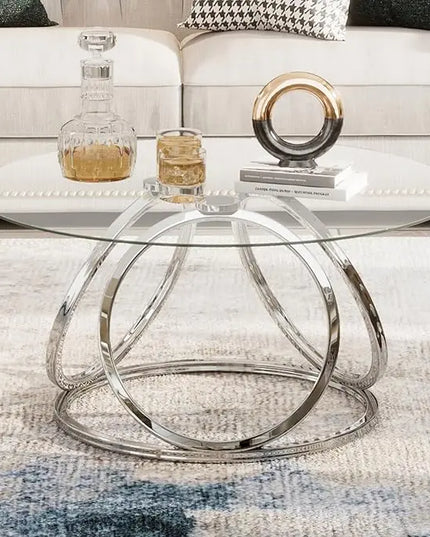O&K FURNITURE Round Coffee Table, Modern Silver Coffee Table Living Room Table with Ring-Shaped Frames, Glass Coffee Table for Home&Office, Chrome Finish, 1 PC - LeafyLoom