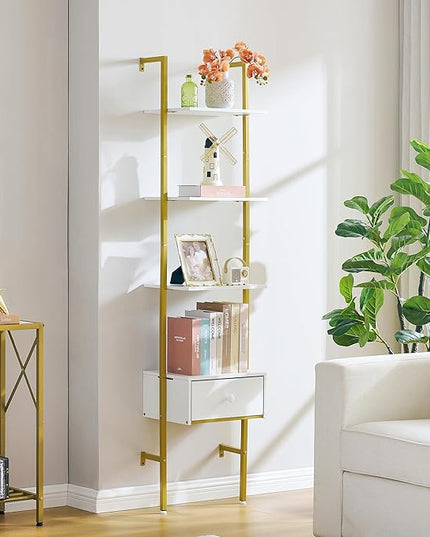 Tajsoon Ladder Shelf, Tall Bookcase with Storage Drawers, 4-Tier Wood Wall Mounted Bookshelf, Open Display Rack, Storage Shelves for Bedroom, Home Office, Collection, Plant Flower, Gold & White - LeafyLoom