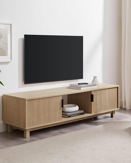Walker Edison Walton Modern Fluted-Door Low Stand for TVs up to 65 Inches, 58 Inch, Coastal Oak - LeafyLoom