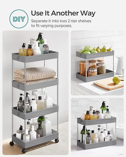 SONGMICS Slim Storage Cart, 4-Tier Rolling Cart, Narrow Utility Cart on Wheels, 6 Hooks, 360° Swivel Wheels, Lockable, Steel Frame, Bathroom, Kitchen, Office, Dove Gray UKSC010G01 - LeafyLoom