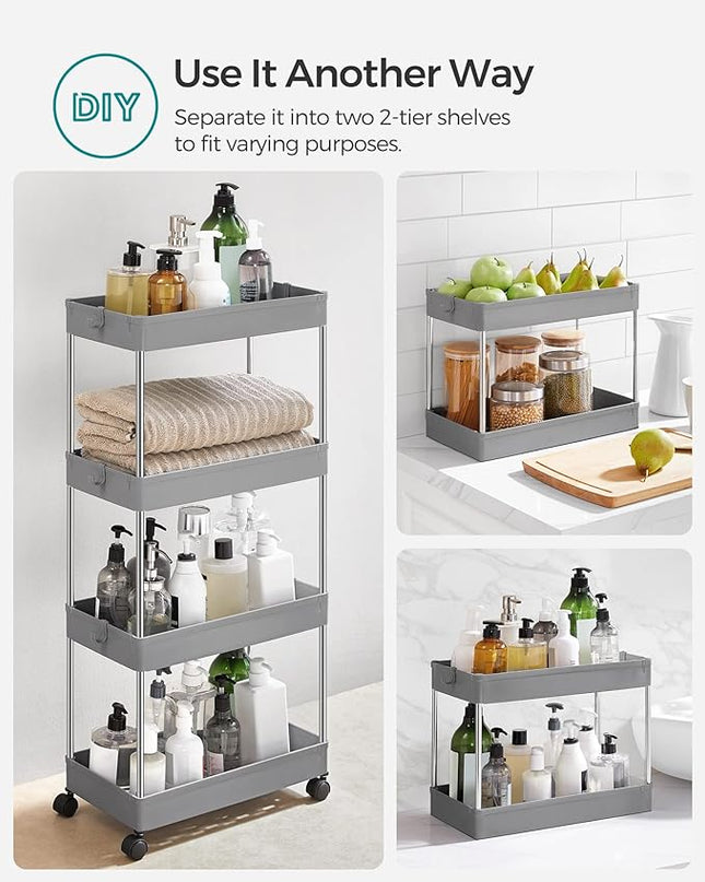 SONGMICS Slim Storage Cart, 4-Tier Rolling Cart, Narrow Utility Cart on Wheels, 6 Hooks, 360° Swivel Wheels, Lockable, Steel Frame, Bathroom, Kitchen, Office, Dove Gray UKSC010G01 - LeafyLoom