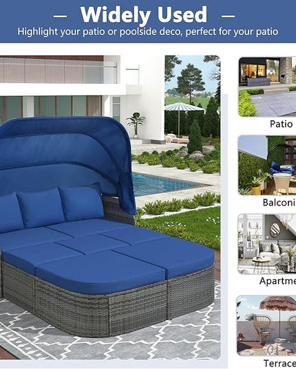 Rectangle Furniture Daybed Sunbed with Retractable Canopy, Outdoor Wicker Conversation Set with Cushions for Patio, Backyard, Porch, Garden, Bc-Blue + Rattan - LeafyLoom