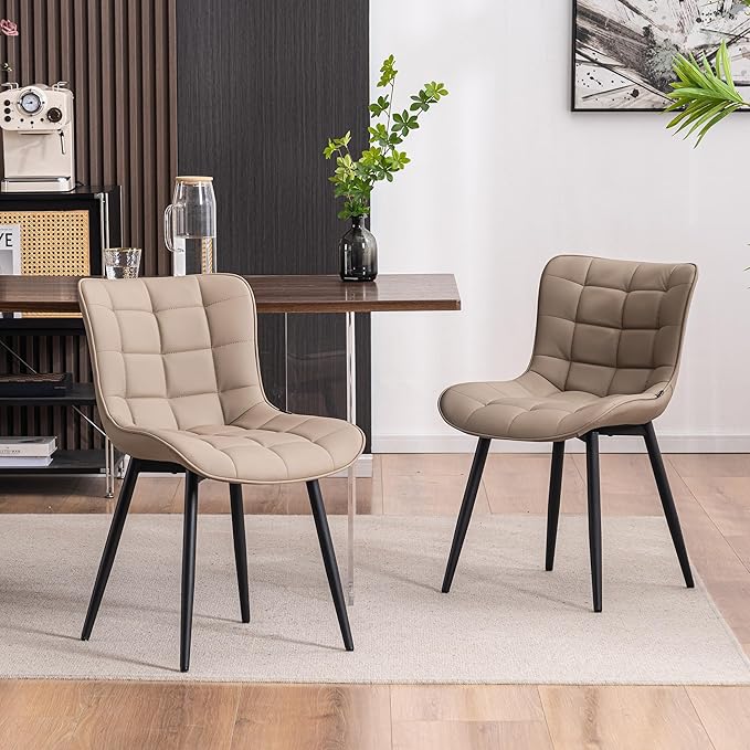 YOUTASTE Khaki Dining Chairs Set of 2 PU Leather Upholstered Modern Armless Dining Room Chair with Back Metal Legs Kitchen Dinner Accent Guest Chairs for Vanity Reception Waiting Room - LeafyLoom