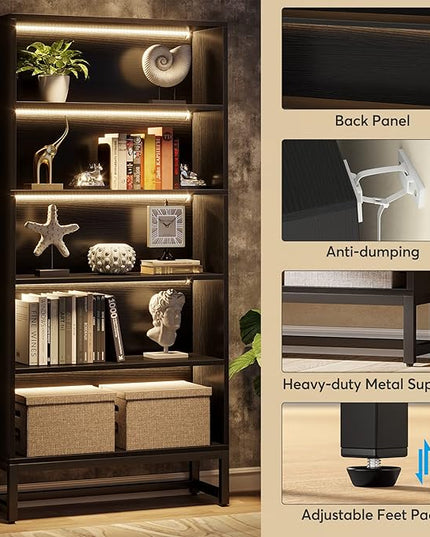 Tribesigns Tall Bookcase Black Bookshelf, 70.8” Large Bookcases Organizer with LED Lights, Heavy Duty Free-Standing Library Bookshelf with 5-Tier Storage Shelves for Living Room, Bedroom (Black) - LeafyLoom