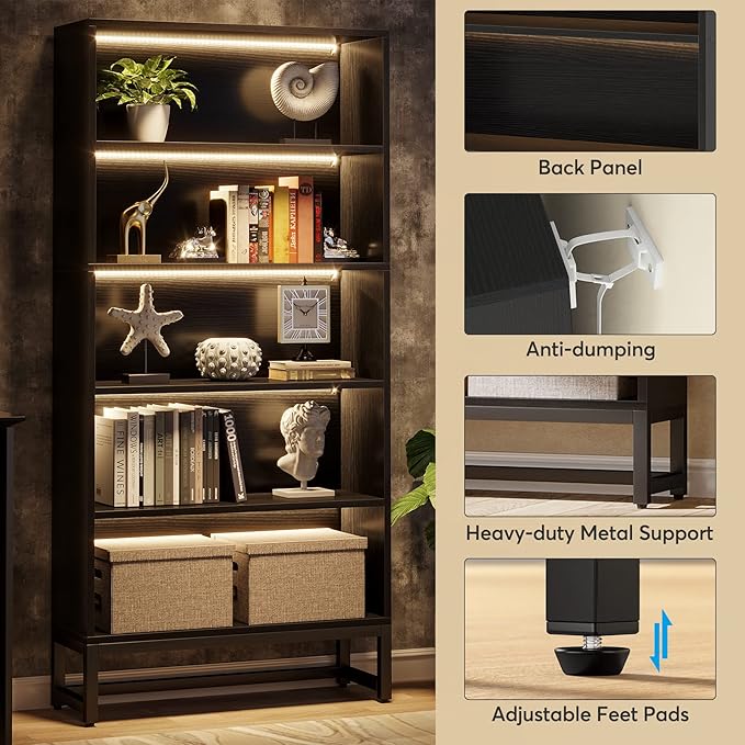 Tribesigns Tall Bookcase Black Bookshelf, 70.8” Large Bookcases Organizer with LED Lights, Heavy Duty Free-Standing Library Bookshelf with 5-Tier Storage Shelves for Living Room, Bedroom (Black) - LeafyLoom