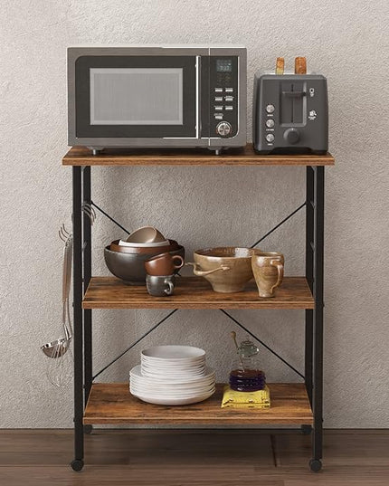 sogesfurniture 3-Tier Kitchen Baker's Rack Utility Shelf Microwave Oven Stand Storage Cart Workstation Shelf 3-Tier Kitchen Utility Cart on Wheels with Storage, Rustic Brown - LeafyLoom
