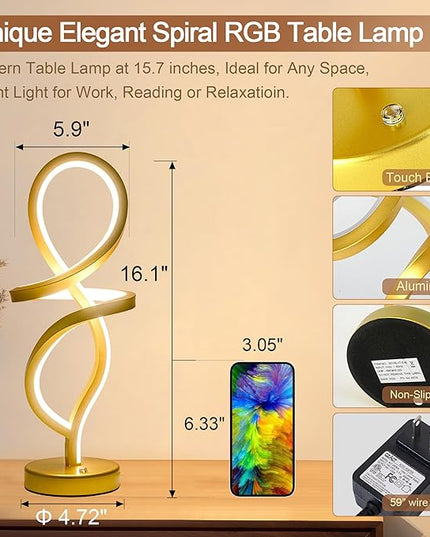 Modern Table Lamp,RGB Table Lamp，LED Spiral Lamp, Gold Bedside Lamp with 7 Colors 10 Light Modes, Touch Dimmable Nightstand Lamp for Bedroom Living Room Home Office, 15W - LeafyLoom