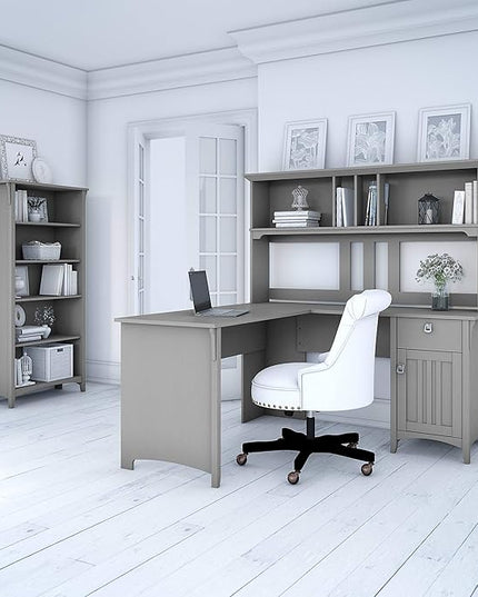 Bush Furniture Salinas 60W L Shaped Desk with Hutch and 5 Shelf Bookcase in Cape Cod Gray - LeafyLoom