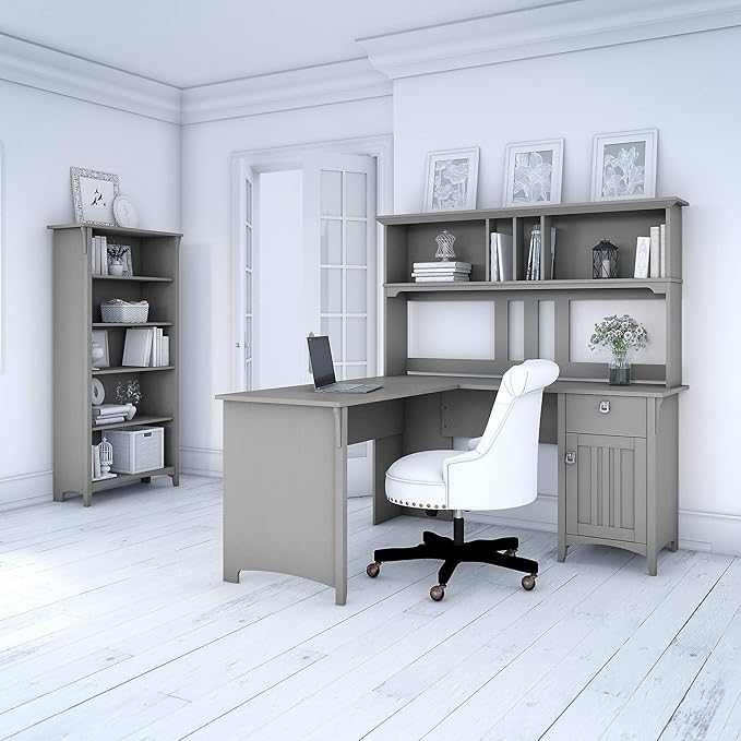 Bush Furniture Salinas 60W L Shaped Desk with Hutch and 5 Shelf Bookcase in Cape Cod Gray - LeafyLoom