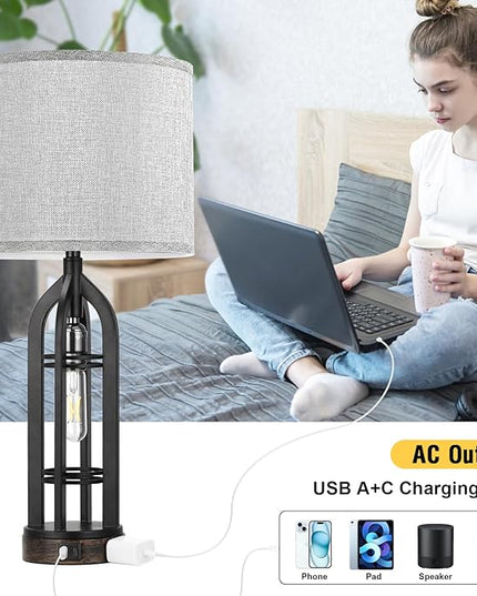 Table Lamp for Living Room - Grey Farmhouse Lamps for Night Stands with USB C+A, 3 Way Dimmable End Table Lamps Set of 2, Vintage Bedside Lamp for End Tables, Rustic Nightstand Lamps for Bedroom - LeafyLoom