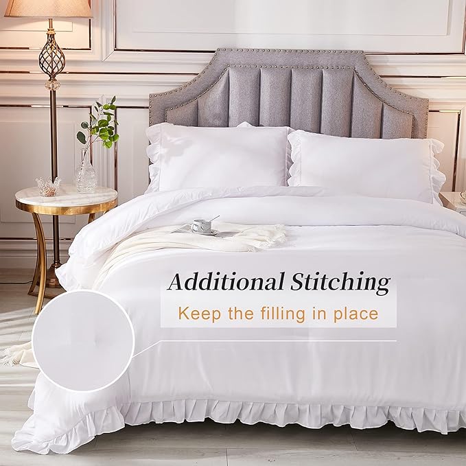 Andency White California King Comforter Set, 3 Pieces Shabby Chic Ruffle Solid Cal King Bedding Sets, Oversized All Season Soft Lightweight Down Alternative Bed Set for Adults Men Women - LeafyLoom