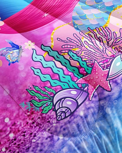 Mermaid Butterfly Comforter Set Full Size Fairy Tale Sea Shell Grass Bedding Set Colorful Rainbow Quilt Bed Set for Kid Girls with 1 Comforter and 2 Pillowcases - LeafyLoom