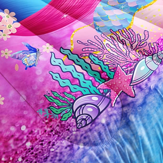 Mermaid Butterfly Comforter Set Twin Size Fairy Tale Sea Shell Grass Bedding Set Colorful Rainbow Quilt Bed Set for Kid Girls with 1 Comforter and 2 Pillowcases - LeafyLoom