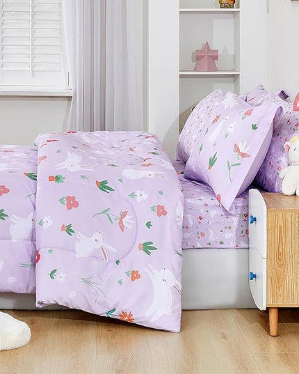 Mooreeke Bed in a Bag for Kids Girls Teens, 7 Pieces Full Size Comforter Bed Set with Shams, Sheet Set, Rabbit Purple Super Soft Microfiber Kids Comforter Bedding Set - LeafyLoom