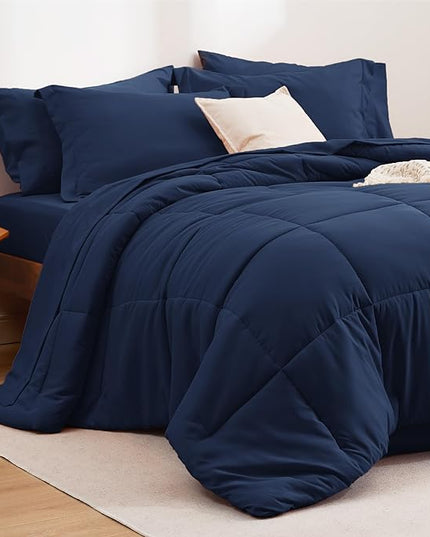 Bedsure Navy King Comforter Set - 7 Pieces Solid King Bed in a Bag, King Bed Set Navy with Quilted Warm Fluffy Comforters, Sheets, Pillowcases & Shams - LeafyLoom