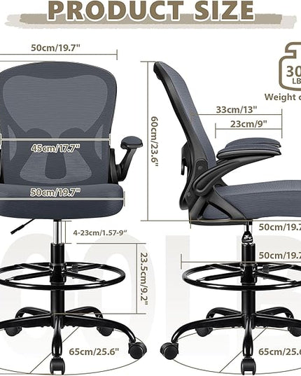 Drafting Chair, Tall Office Chair Ergonomic Standing Desk chair, Lumbar Support Computer Chair Swivel Task Rolling Chair with Adjustable Flip-up Armrests & Foot Ring (Dark Gray) - LeafyLoom