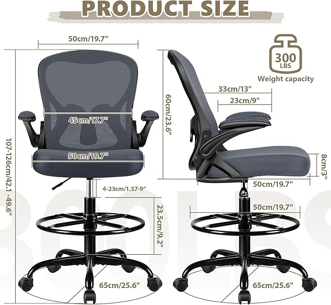 Drafting Chair, Tall Office Chair Ergonomic Standing Desk chair, Lumbar Support Computer Chair Swivel Task Rolling Chair with Adjustable Flip-up Armrests & Foot Ring (Dark Gray) - LeafyLoom