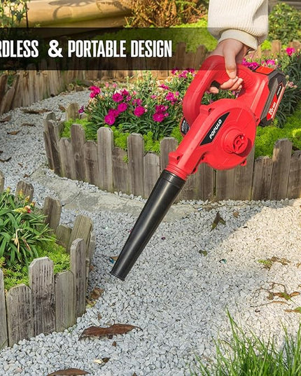 POPULO 20V Cordless Mini Electric Blower Kit,150mph Wind Speed for Cleaning Workshop,Garage,Inflating Air Mattress,Leaf Blower for Small Patio Areas, Included Battery,Inflating Adaptors and Charger - LeafyLoom