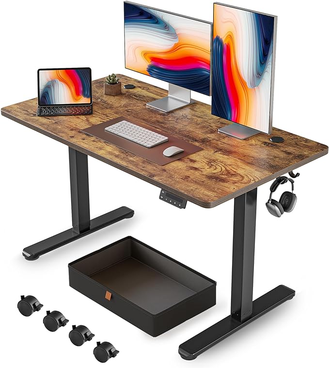 FEZIBO 48 x 24 Inches Standing Desk with Drawer, Adjustable Height Electric Stand up Desk with Storage, Sit Stand Home Office Desk, Ergonomic Computer Desk, Rustic Brown - LeafyLoom