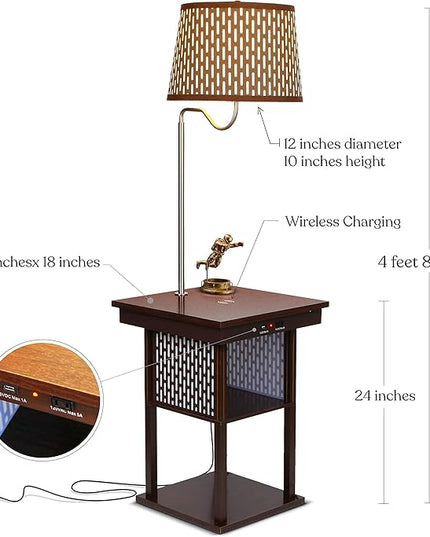 Brightech Madison Side Table with Lamp Combo, Desk Lamp with Wireless Charging Pad and USB Port, Bedside Reading Lamp, Nightstand Lamp with LED Bulb for Bedroom, Living Room, Office - Havana Brown - LeafyLoom