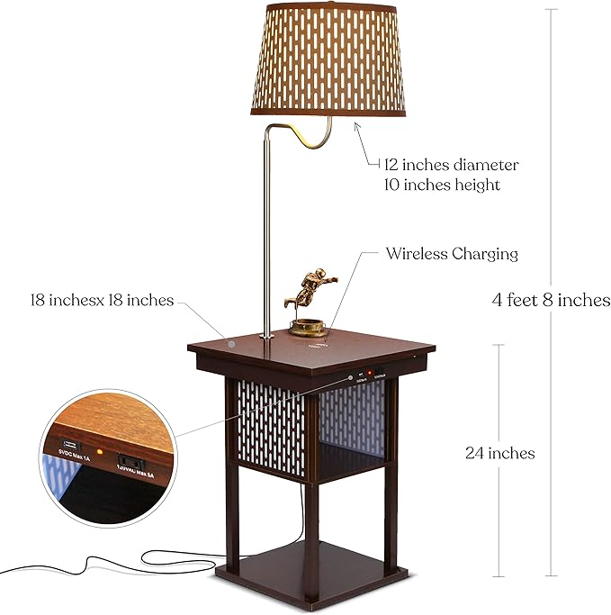 Brightech Madison Side Table with Lamp Combo, Desk Lamp with Wireless Charging Pad and USB Port, Bedside Reading Lamp, Nightstand Lamp with LED Bulb for Bedroom, Living Room, Office - Havana Brown - LeafyLoom