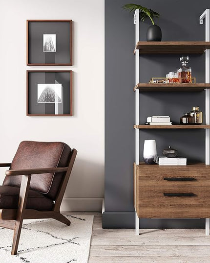 Nathan James Theo Industrial Bookshelf with Wood Drawers and Matte Steel Frame, 3-Shelf, Oak/White - LeafyLoom