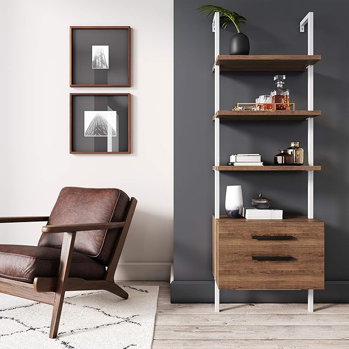 Nathan James Theo Industrial Bookshelf with Wood Drawers and Matte Steel Frame, 3-Shelf, Oak/White - LeafyLoom