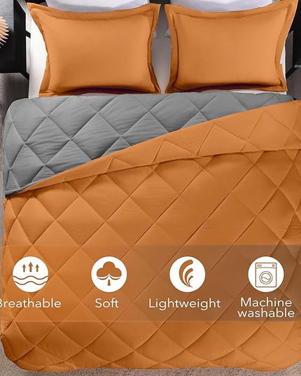 downluxe Queen Comforter Set - Burnt Orange and Grey Queen Comforter, Soft Bedding Sets for All Seasons -3 Pieces - 1 Comforter (88"x92") and 2 Pillow Shams(20"x26") - LeafyLoom