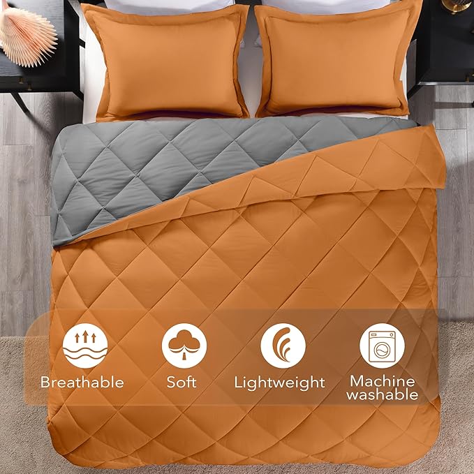 downluxe Queen Comforter Set - Burnt Orange and Grey Queen Comforter, Soft Bedding Sets for All Seasons -3 Pieces - 1 Comforter (88"x92") and 2 Pillow Shams(20"x26") - LeafyLoom