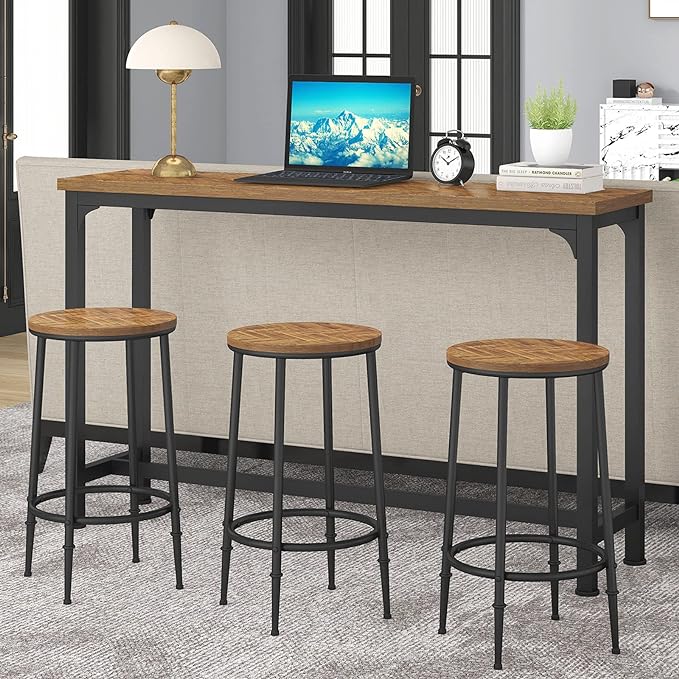 HOMYSHOPY Bar Table Set for 3, 4 Piece Console Table with 3 Stools, Counter Height Sofa Table Set with 3 Chairs for Breakfast Nook, Living Room and Apartment (Brown) - LeafyLoom