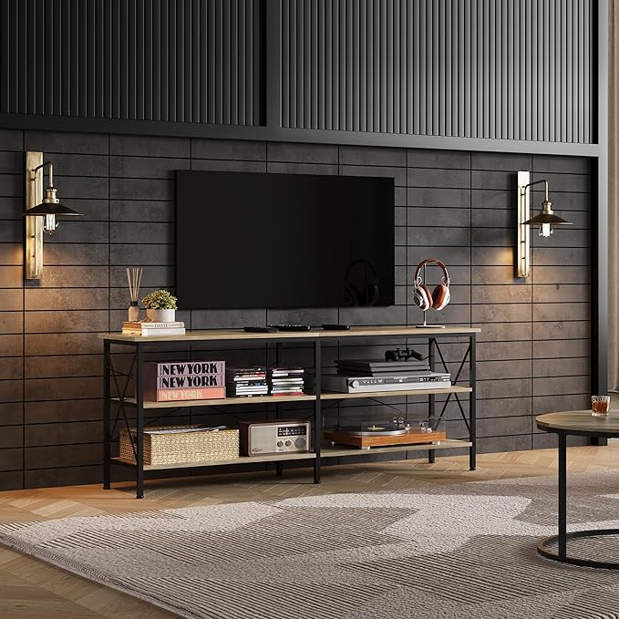 WLIVE TV Stand up to 70 Inch TV, 63" Entertainment Center, TV Media Console with 3-Tier Storage Shelves for Living Room and Bedroom, Greige - LeafyLoom