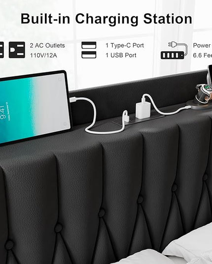 Feonase King Bed Frame with Type-C & USB Port, Metal Platform Beds, with Faux Leather Upholstered Headboard & Footboard, 12" Underbed Storage Space, Easy Assembly, Noise-Free, Black - LeafyLoom