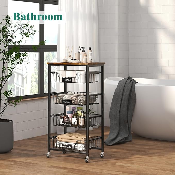 Kitchen Storage Cart with Wheels, 5-Tier Metal Utility Rolling Cart Fruit Vegetable Storage Basket Pantry Rack with Wood Top & Pull Out Baskets for Kitchen, Livingroom, Diningroom, Office - LeafyLoom