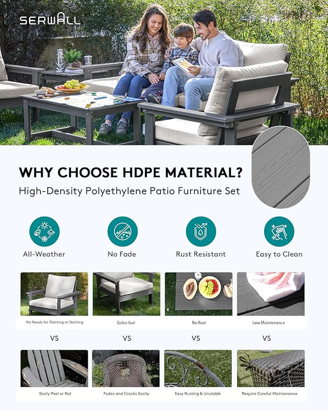 SERWALL HDPE Patio Coversation Set, 7-piece Outdoor Sectional Sofa Set, All Weather Patio Couch Set Patio Furniture for Balcony, Deck, Navy Frame with Grey Cushion - LeafyLoom