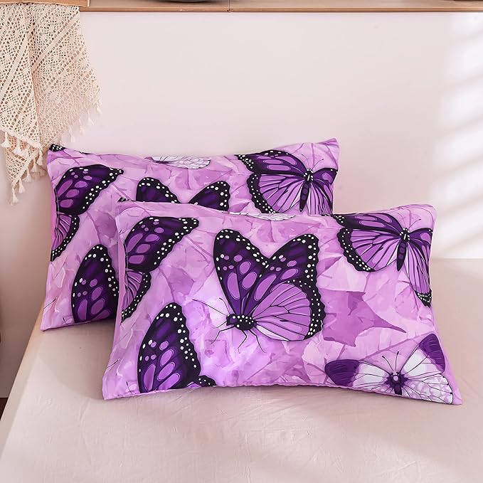 Btargot 3 Piece Purple Butterfly Girls Kids Adults Full Size Comforter Set, Lightweight Soft All Season Bedding Set with 2 Pillowcases - LeafyLoom