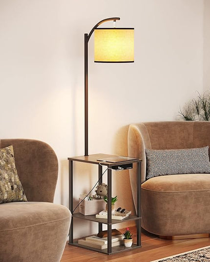 SUNMORY Floor Lamp with Table, Lamps for Living Room with Charging Station(USB & AC Port), Rustic End Table Lamp with Shelves & 3-Color Temperature LED Bulb, Lamp Table for Living Room, Rubber wood - LeafyLoom