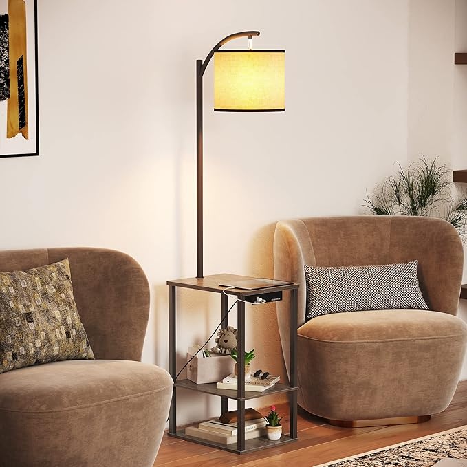 SUNMORY Floor Lamp with Table, Lamps for Living Room with Charging Station(USB & AC Port), Rustic End Table Lamp with Shelves & 3-Color Temperature LED Bulb, Lamp Table for Living Room, Rubber wood - LeafyLoom
