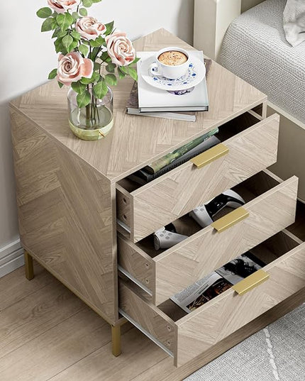 Anmytek 3 Drawer Nightstand for Bedroom, Modern Wood Nightstand Square Bedside Table End Table with Storage for Bedroom Room, Sofa, Natural Oak, H0099 - LeafyLoom