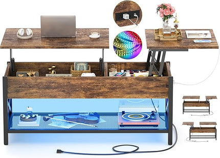 Coffee Table, Lift Top Coffee Table with Storage, LED Light & Power Outlet and Hidden Compartment, Retro Center Table for Living Room, X Support Wood Tabletop, Metal Frame, Rustic Brown - LeafyLoom