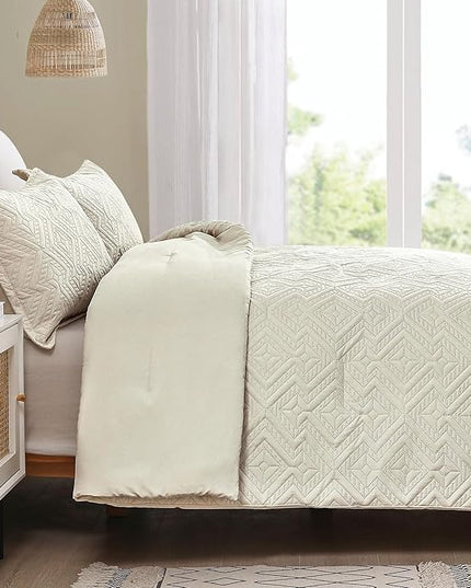 WONGS BEDDING Beige Comforter Set Queen Size(90"×90"), Reversible Boho Geometric Textured Bedding Comforter Sets - 3 Pieces Soft Microfiber Ultrasonic Bedding with 2 Pillowcases - LeafyLoom