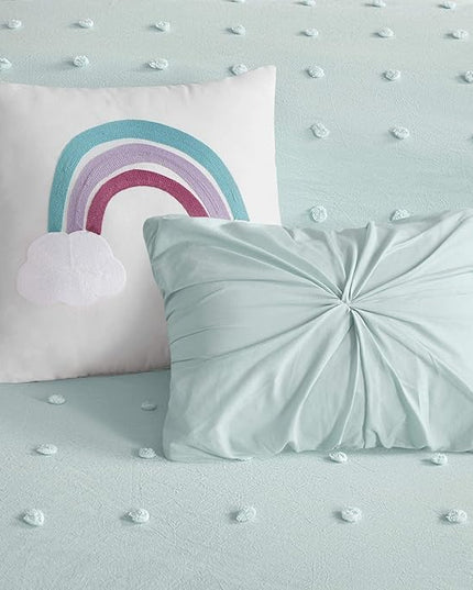Callie Cotton Jacquard Weave Colorful Pom Pom Kids Comforter sets, Down Alternative Shabby Chic All Season Girls Bedding, Bedroom Decor, Twin/Twin XL, Aqua 4 Piece - LeafyLoom