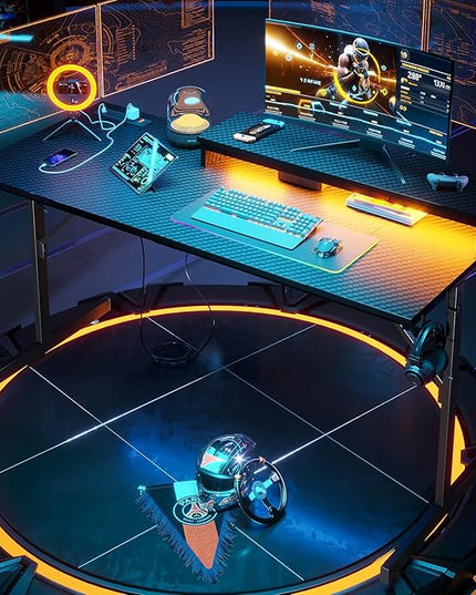 Bestier 52 inch Gaming Desk with Power Outlets and USB Charging Ports, Sturdy Computer Desk with LED Lights and Monitor Stand, Computer Table for Home Office, Easy to Assemble, Carbon Fiber Black - LeafyLoom