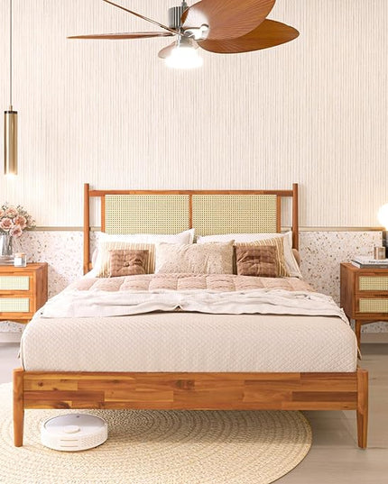Bme Oliver Headboard Queen Size Bed Frame - 15-Inch Signature Design with Rattan Headboard, Bohemian and Mid Century Style, 12-Slat Wood Support, No Box Spring Needed - Easy Assembly, Caramel - LeafyLoom