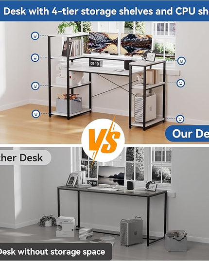 63-Inch Computer Desk with Printer Shelf, Teen Desk, Home Office Desk with Monitor Stand and Bookshelf for Study, Writing, PC Work, Gaming - LeafyLoom
